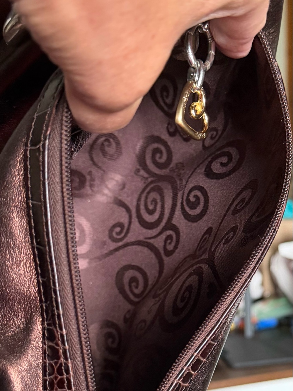 Brighton Bronze Leather Zip Top Croc Trim Hobo Bag with Heart Charms EUC - Picture 8 of 10